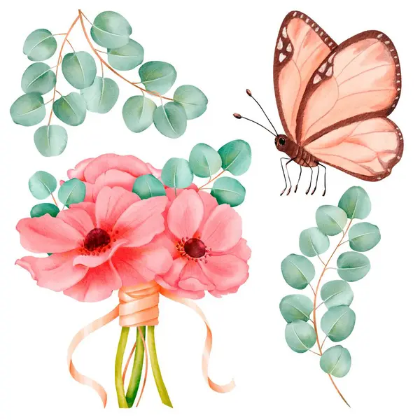 Watercolor Set Featuring Bouquet Pink Anemones Tied Ribbon Adorned Butterfly — Stock Photo, Image