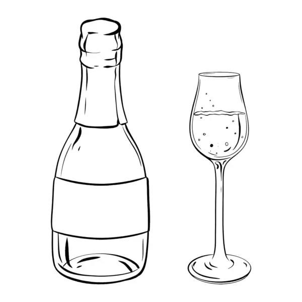 Monochrome Illustration Featuring Glass Wine Bottle Table Drawing Showcases Stemware — Stock Vector