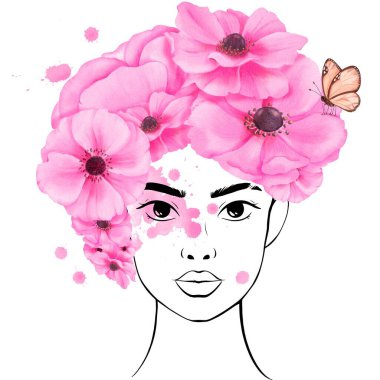 Saçları pembe şakayık çiçekleri kullanarak şekillendirilmiş ve kelebek ve suluboya resimlerle süslenmiş güzel bir genç kadının çizgisel portresi. Avatarlar için parlaklığı ve ilhamı simgeleyen.