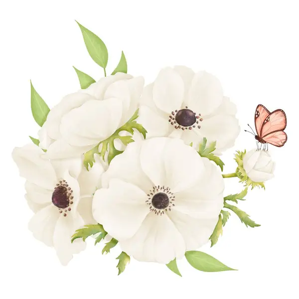 Watercolor Floral Composition White Anemones Fresh Greenery Butterfly Enhancing Wedding — Stock Photo, Image