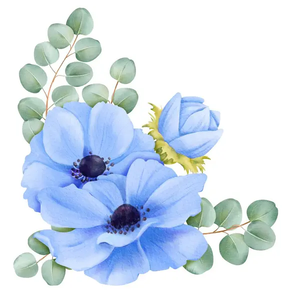 Floral Arrangement Consisting Blue Anemones Eucalyptus Leaves Enhancing Wedding Stationery — Stock Photo, Image