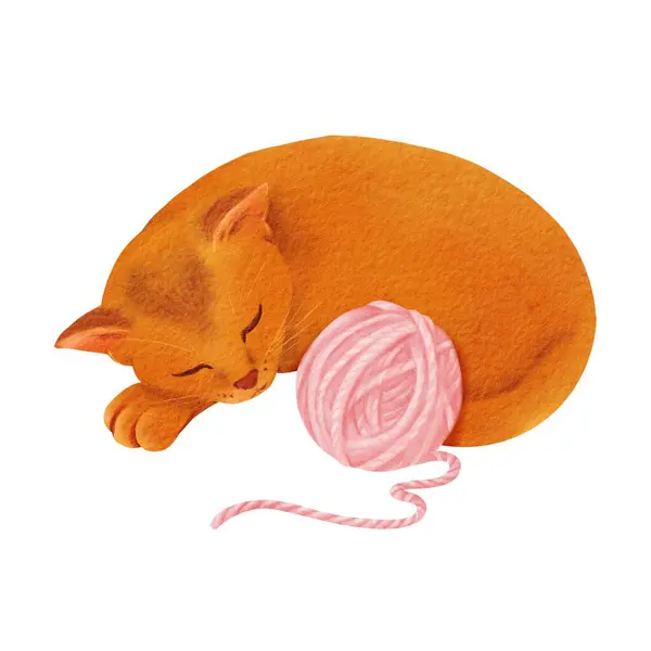 Composition Ginger Kitten Curled Asleep Pink Yarn Skein Greeting Cards — Stock Photo, Image