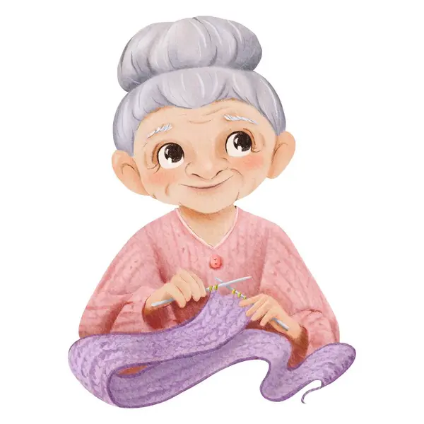 Watercolor Childrens Illustration Gray Haired Grandmother Knitting Scarf Hair Bun — Stock Photo, Image