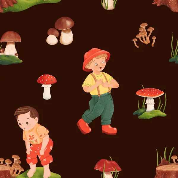 Nahtloses Waldmuster Mit Kleinen Pilzsammlern Waldlichtung Ein Traum Für Pilzfreunde — Stockfoto