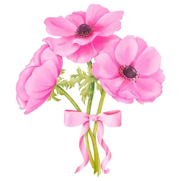 Bouquet Pink Anemones Adorned Pink Satin Ribbon Watercolors Enhancing Wedding — Stock Photo, Image