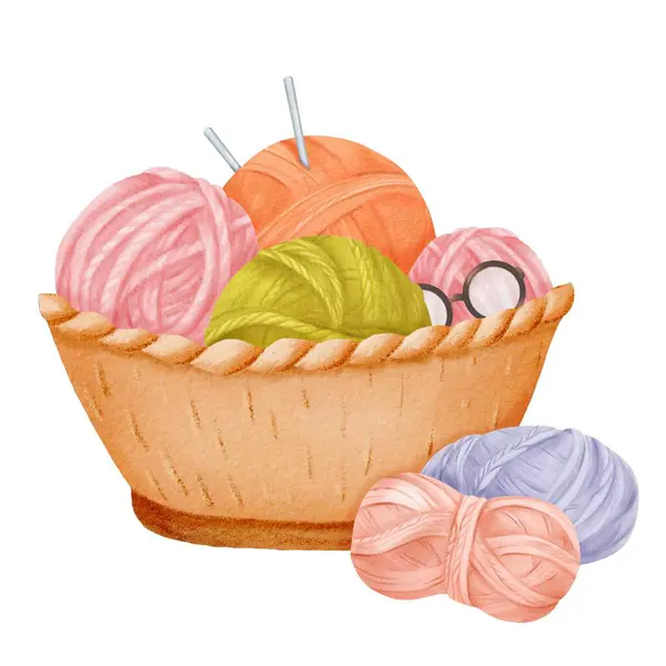 Cozy Composition Featuring Wicker Basket Filled Colorful Yarn Skeins Knitting — Stock Photo, Image