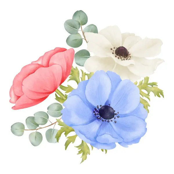 Watercolor Composition Pink White Blue Anemone Flowers Fresh Greenery Eucalyptus — Stock Photo, Image