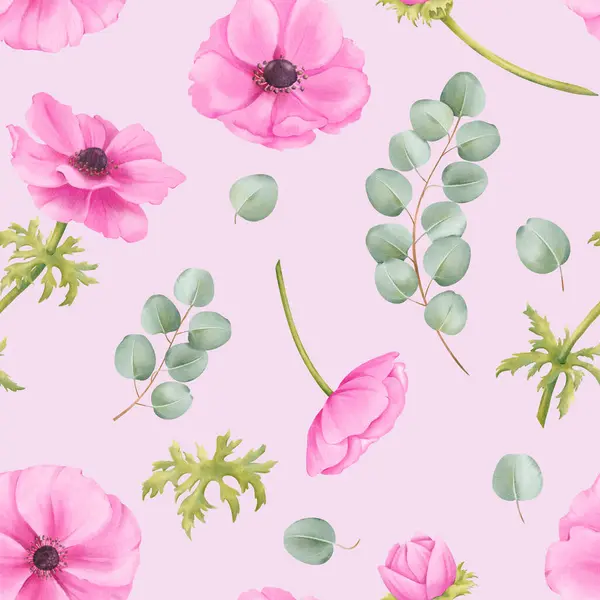 Seamless Pattern Pink Background Pink Watercolor Anemone Flowers Greenery Eucalyptus — Stock Photo, Image