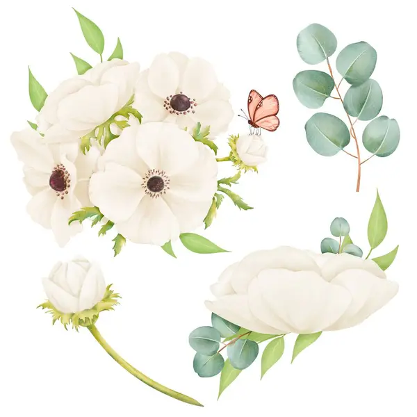Watercolor Set Bouquet Ivory Anemones Sprig Eucalyptus Boutonniere Butterfly Ideal — Stock Photo, Image