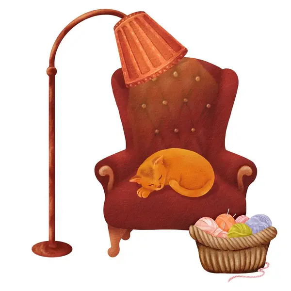 stock image a ginger cat lounging on a burgundy armchair. a basket with multicolored yarn skeins and knitting needles sits nearby, illuminated by a tall floor lamp. for a cozy evening. Watercolor illustration.