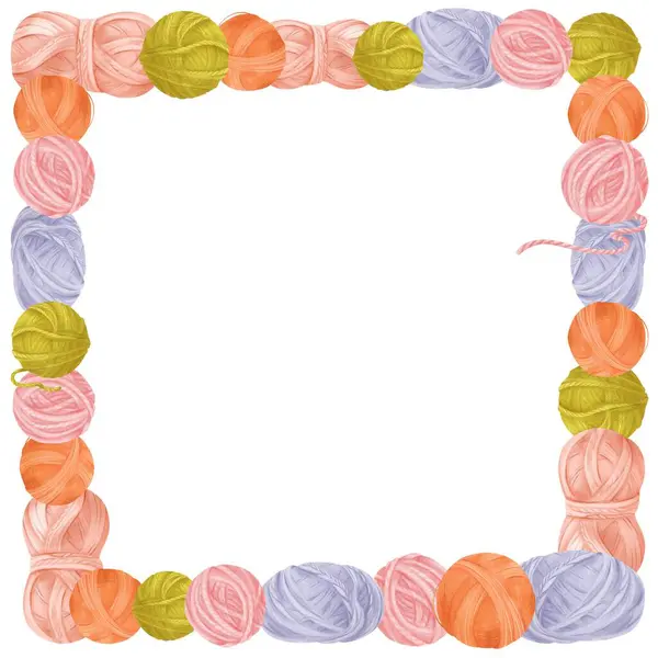 stock image A square watercolor frame, ideal for crafting blogs, knitting tutorials, or DIY-themed designs. This charming illustration features vibrant yarn skeins made of cotton and natural wool.