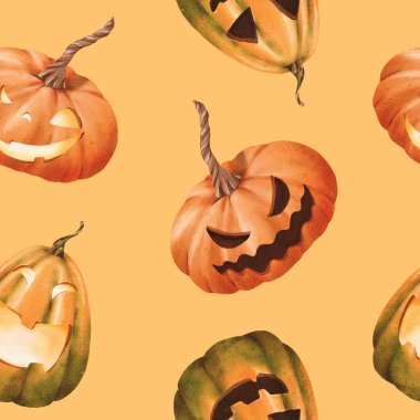 Kusursuz bir Cadılar Bayramı şablonu, parlak turuncu balkabakları, oyulmuş yüzler klasik tatil motiflerini yakalıyor. Ambalaj, tekstil ve kitaplar için uygun suluboya çizimi.