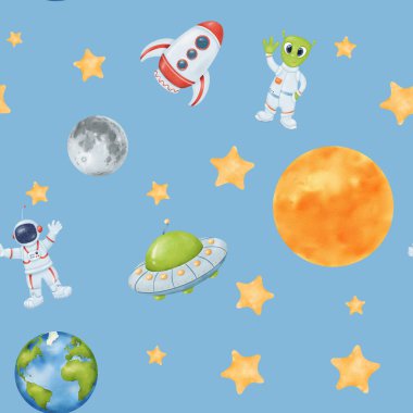 Kusursuz suluboya deseni. Yıldızlı gökyüzü. Sarı yıldızlar Dünya garip bir astronot uzaylı bir UFO roketi ve güneş. Duvar kağıtları, çocuk odaları, tekstil, bebek kıyafetleri ve ders kitapları için..