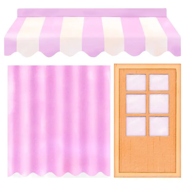 stock image Cute pink and white striped awning with curtained window and door, ideal for charming storefront designs.