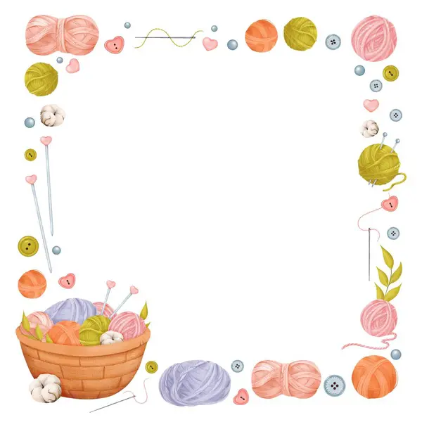 stock image watercolor square text frame themed around knitting, perfect for crafting knitting. yarn skeins and knitting needles with heart-shaped charms, woven basket with various knitting tools.