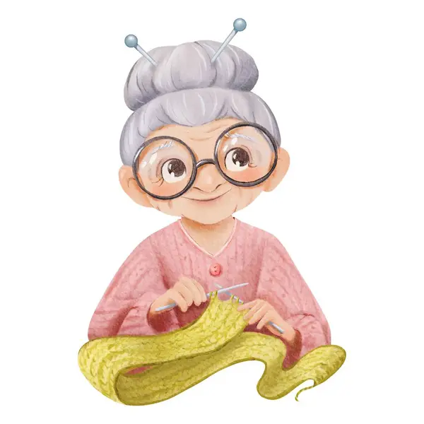 stock image A watercolor childrens illustration a grandmother knitting. wears glasses and her hair in a bun. an elderly woman knitting a scarf, for storytelling educational materials or nostalgic-themed designs.