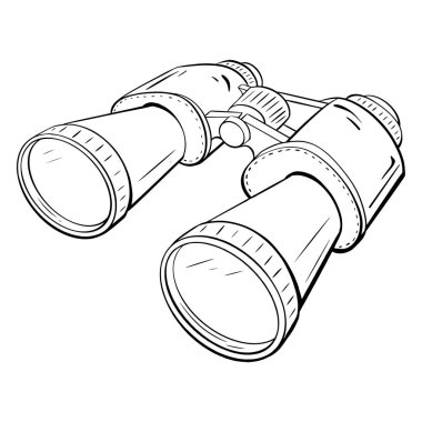 Burada, çeşitli açık hava aktiviteleri ve maceralar için ideal olan dürbünlerin detaylı bir taslak çizimi var. Vektör çizimi çizimi. Konusu turizm..