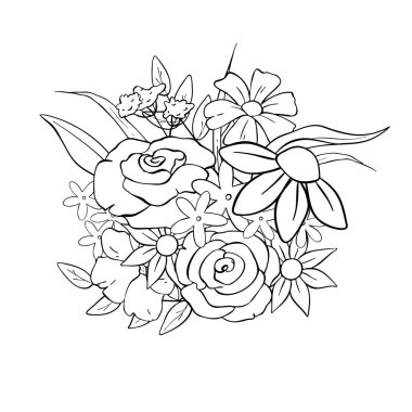 Çeşitli çiçeklerle süslü, rahatlama ve yaratıcılık için ideal bir çiçek buketi boyama sayfası.