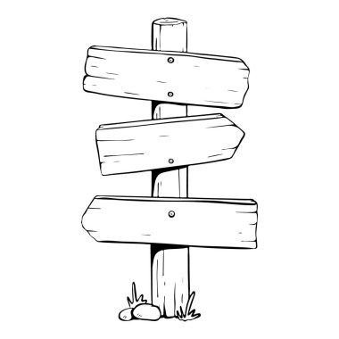 Boş, işaretsiz tahta bir tabela. İçinde yön gösterme ve işaret için üç tane ok levha var. Vektör çizimi çizimi. turizm