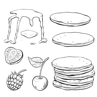 Üzeri şurup ve taze meyvelerle kaplı nefis bir krep koleksiyonu kahvaltıya hazır. Vektör çizimi çizimi. 