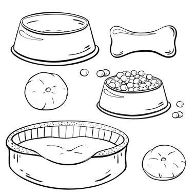 An illustration showcasing a variety of pet supplies, which includes food bowls, tasty treats, and a cozy pet bed. Vector sketch illustration. Pet shop clipart