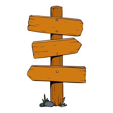 Çeşitli yönleri gösteren birkaç boş okun yer aldığı ahşap bir levhanın sanatsal bir çizimi. Vektör çizimi çizimi. turizm