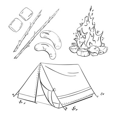 Rahat bir çadır, çatırdayan ateş ve temel açık hava yemek malzemeleriyle kamp yapmanın keyfini yaşayın. Vektör çizimi çizimi. Turizm