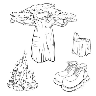 Bir ağaç, ateş, ayakkabı ve bir kütüğü gösteren bu detaylı illüstrasyonla kendinizi doğanın güzelliğine daldırın. Vektör çizimi çizimi. Turizm