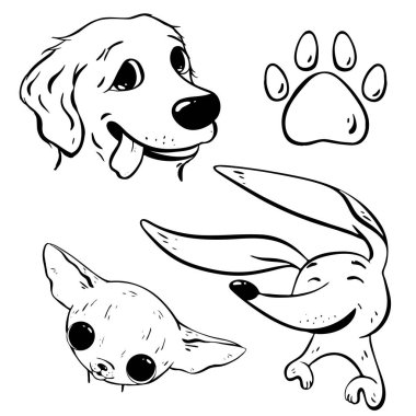 Bu sevimli el yapımı hayvan resimleri hem çocuk tasarımları hem de her yerdeki köpek severler için mükemmel. Vektör çizimi. Evcil hayvan dükkanı