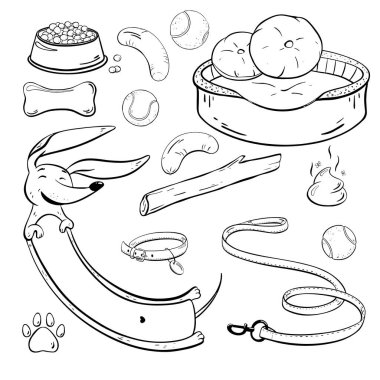 Renkli köpek dachshund oyuncakları ve aksesuarları olan bir illüstrasyon, hayvan severler ve hayvan meraklıları için mükemmel. Vektör çizimi çizimi. Evcil hayvan dükkanı