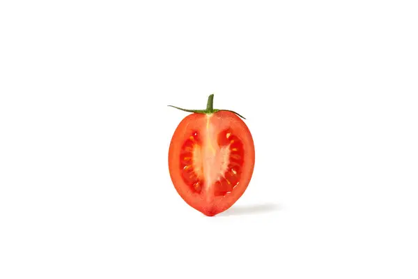 Pomidor Śliwkowy Kawałek Nasionami Liśćmi Składnik Włoski Datterino Odmiana Izolowana — Zdjęcie stockowe
