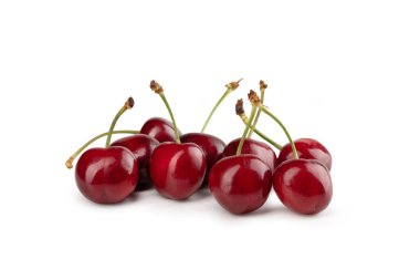 Tatlı Kirazlar, Beyaz Arkaplanda İzole Edilmiş Prunus Avium Vahşi Kiraz Cultivar, Grup, Heap, Bunch, Gölge, Kırmızı Parlak Böğürtlenler Detaylı Kapalı Makro, Yüksek Çözünürlüklü