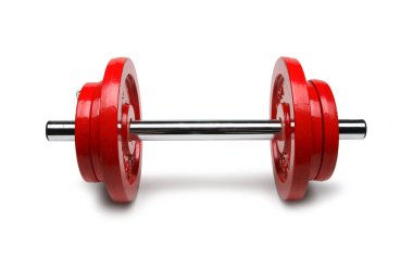 Kırmızı Tabaklar, Ağırlık Eğitimi, Spor Salonu Ön Görünümünde Halter Beyaz Arkaplanda İzole Edildi