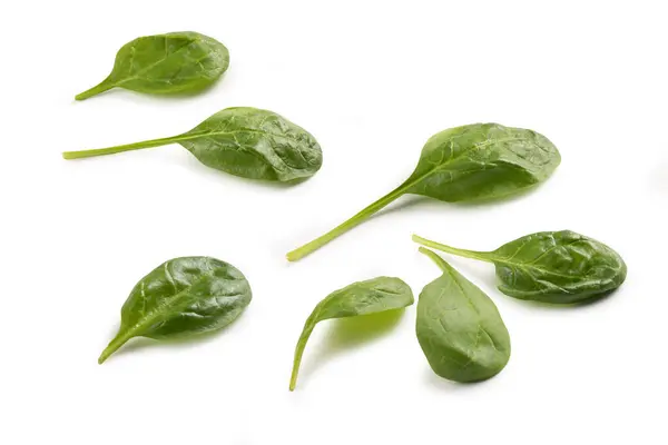 Φύλλα Σπανάκι Απομονωμένα Λευκό Φόντο Πράσινο Διάσπαρτα Βρώσιμα Λαχανικά Γκρο — Φωτογραφία Αρχείου
