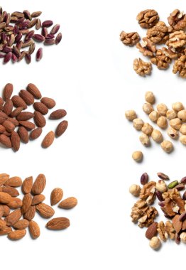 Kurumuş Meyve İçindekiler, Çeşitli Gruplar, Karışık Olmayan Bademler, Cevizler, Beyaz Arkaplanda Ayrı Kalan Fıstıklar