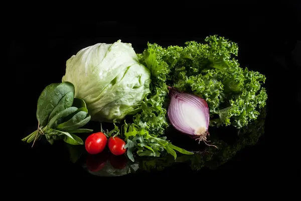 Salad element, Lettuce still life, Vegetable composition, Iceberg lettuce, Endiva, Curly endive, Tomato, Spinach, Arugula, Rocket salad, Red Onion