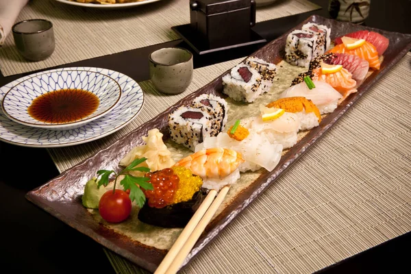 Sushi Japanese Food Restaurant Plate Soy Sauce Chopsticks Row Nigiri — Stock Photo, Image