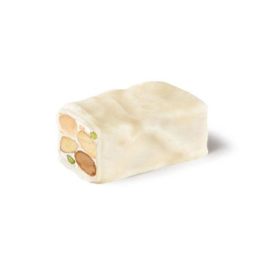 Torroncino, Orijinal İtalyan Nougat, Beyaz arka planda izole edilmiş Sicilya Küçük Torrone, Çıtır Tatlı, badem, Pistachio ve Beyaz Yumurta Albümü, Vanilla Flavor Close-Up Macro, Whole