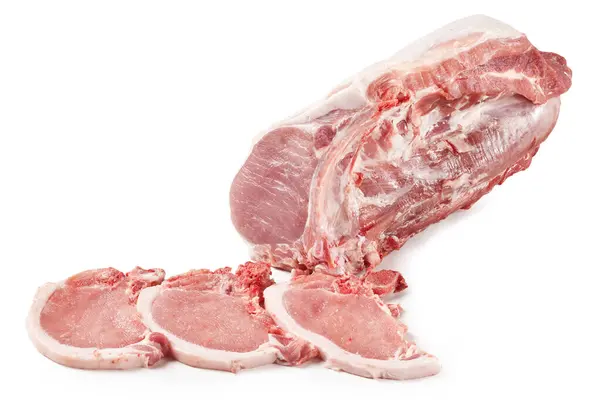 Carne Cerdo Cruda Chuletas Lomo Aislado Sobre Fondo Blanco — Foto de Stock
