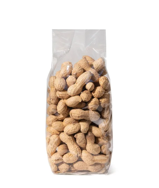 Peanuts Plastic Package Shell Κοντινό Πλάνο Απομονωμένο Λευκό Φόντο — Φωτογραφία Αρχείου
