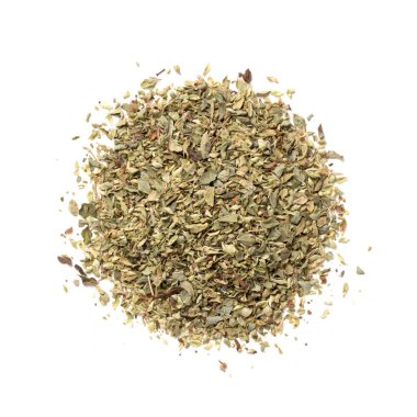 Oregano Vahşi Akdeniz Baharatları Yığını, Ezilmiş Yapraklar, Aromatik Kondisyon Üst Görünümü, Yakın Çekim Macro, Beyaz Arkaplanda İzole Edilmiş