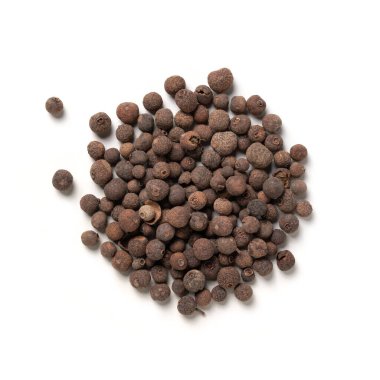 Allspice Peppercorn Jamaica Pepper, Myrtie Pepper, Pimenta, Pimento Top View, Close-Up Macro, Yukarıdan İzole Edilmiş Beyaz Arkaplanda