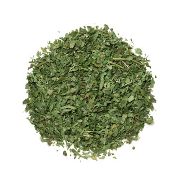 Maydanoz demeti kadar kuru maydanoz gevreği, Ham Baharat Toplu Üst Görünümde, Yakın Çekim Macro, Beyaz Arkaplanda İzole Edilmiş