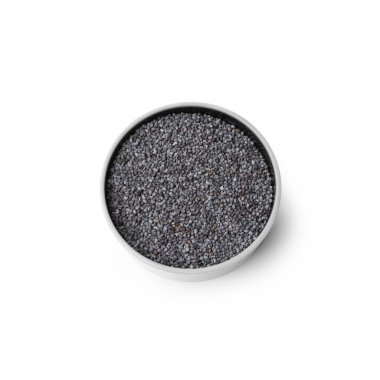 Beyaz Bowl 'da Poppy Seeds, Top View, Beyaz Arkaplan Siyah Afyon Yağı, Papaver Somniferum, Pasta ve Ekmek İçeriği Ayrıntılı Makro, Yüksek Çözünürlük