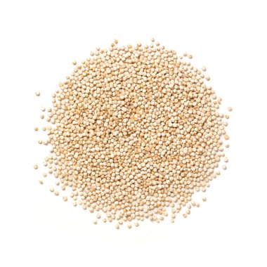 Quinoa Tohumları Beyaz kinoa tanecikleri, Çiğ Spice in Topk, Superfood Top View, Yakından Macro, Yukarıdan İzole Edilmiş Beyaz Arkaplanda