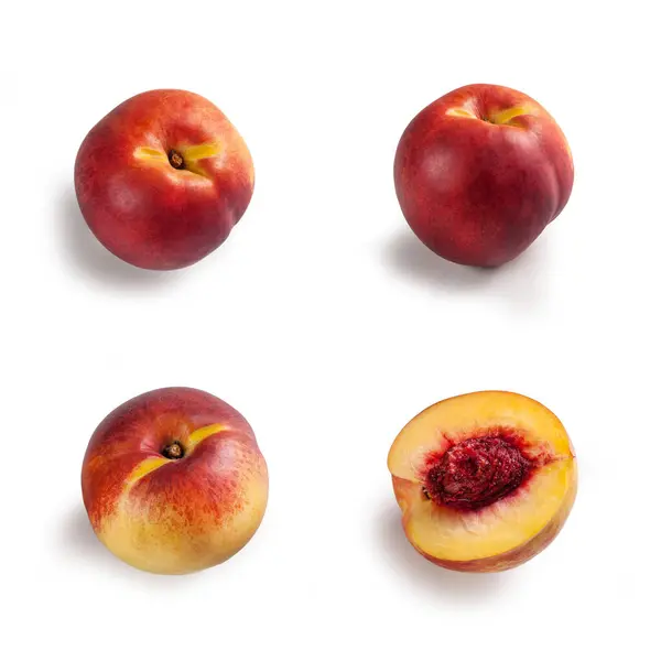 Nectarines Pair Two Glossy Skinned Smooth Cut Open Halved Peach — Stock Photo, Image