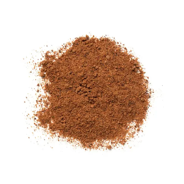 Nutmeg Nutmeg Nutmeg Spice Yığını, Aromatik İçindekiler Üst Görünümü, Yakın Çekim Macro Beyaz Arkaplanda İzole Edilmiş