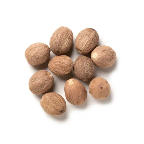 Nootmuskaatzaad Heap Whole Fragrant Nutmeg Aroma Spice Top View Close — Stockfoto