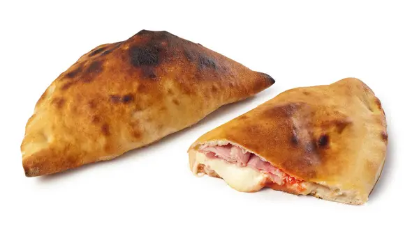 Calzone Italienische Pizza Zum Mitnehmen Mit Gekochtem Schinken Tomatensauce Und — Stockfoto