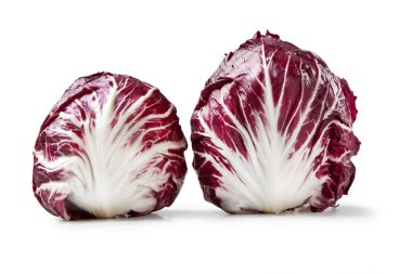 Mor İtalyan Hindiba, Acı ve Baharatlı Marul Yaprakları, Beyaz Arkaplandaki Kapalı Macro Detayları